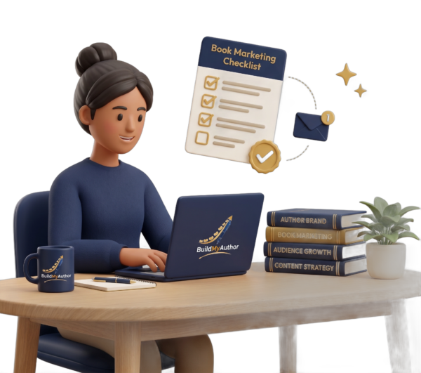 Author at a desk reviewing a book marketing checklist on a laptop