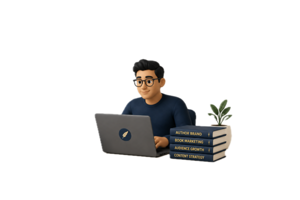 Author working on brand strategy at a laptop, surrounded by growth-focused book titles